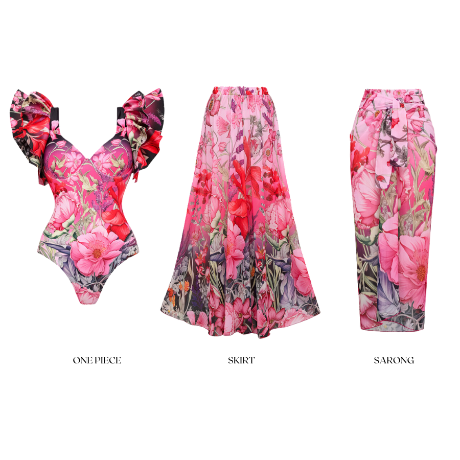 Traje de baño de una pieza con estampado de flores rizadas y pareo