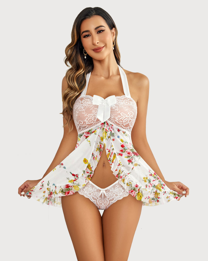 Babydoll de encaje con abertura frontal y cuello halter