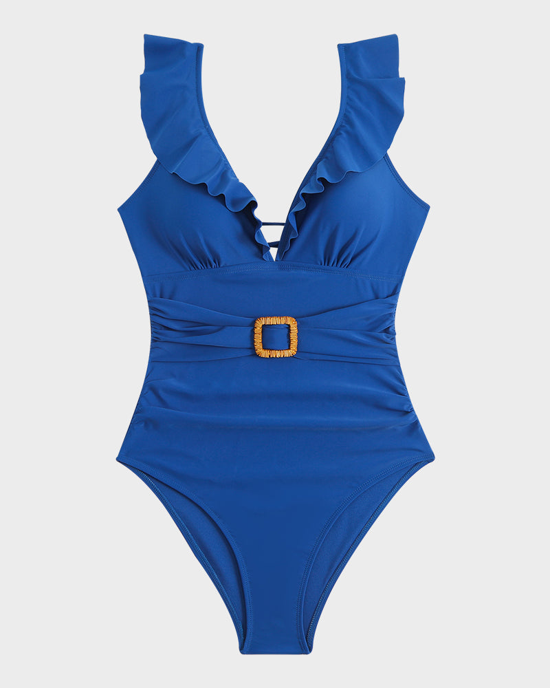 Traje de baño fruncido con cinturón y mangas acampanadas de profundo escote V