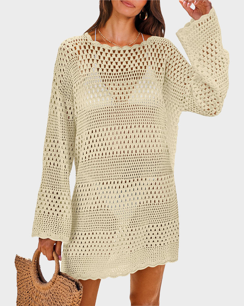 Long-sleeved crochet beach dress for swimsuit cover-up