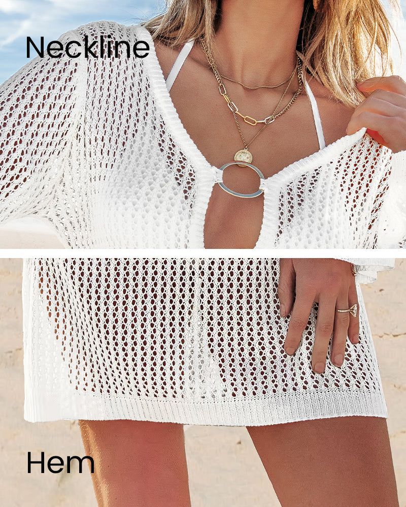 Long-sleeved crochet beach cover-up dress with deep neckline