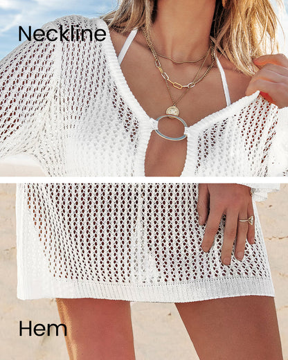 Vestido de cobertura de ganchillo de playa de manga larga con escote profundo