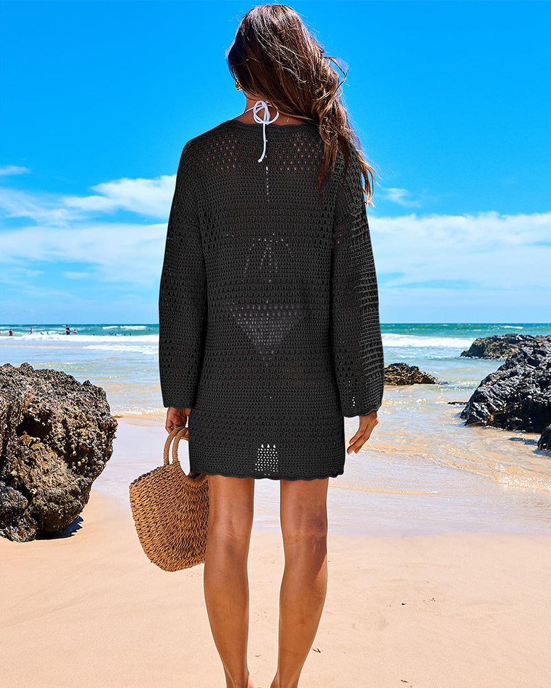Long-sleeved crochet beach dress for swimsuit cover-up