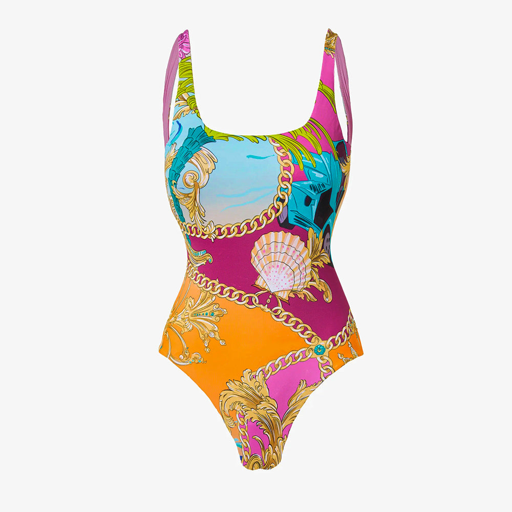 Traje de baño de una pieza con estampado de concha de cuello redondo y pareo o falda