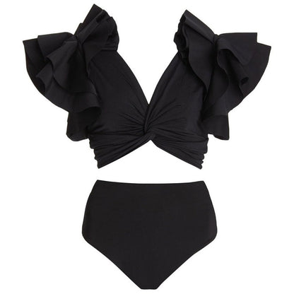 Bañador de bikini negro sólido con volantes