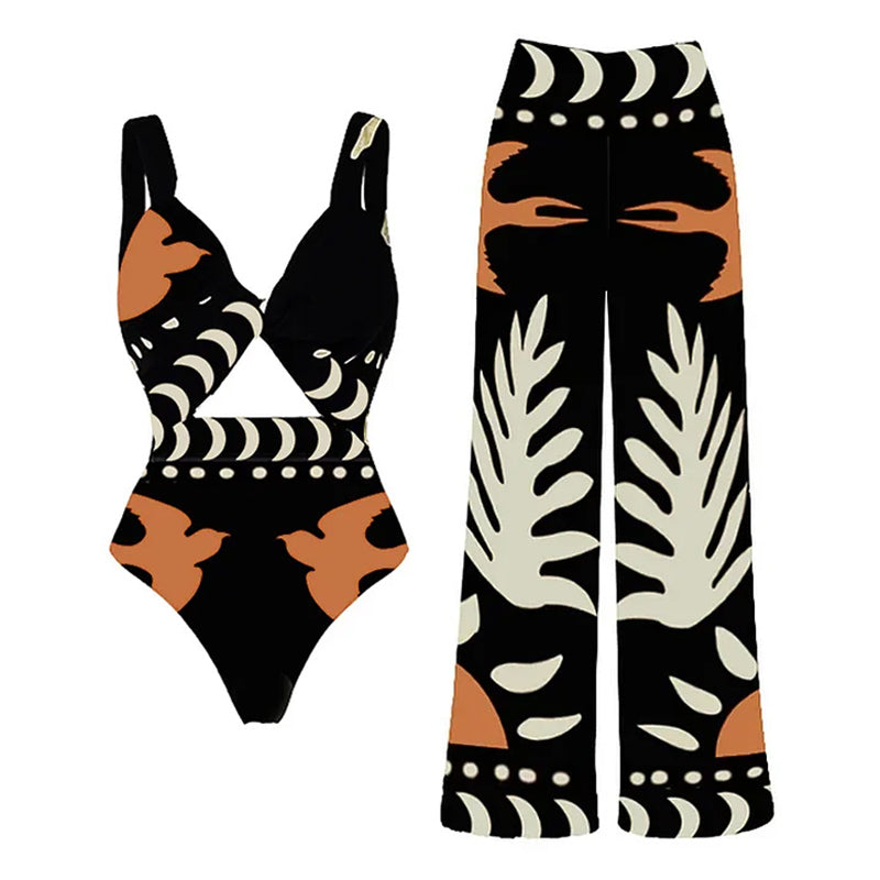 High-waisted one-sleeve swimsuit and pants or skirt