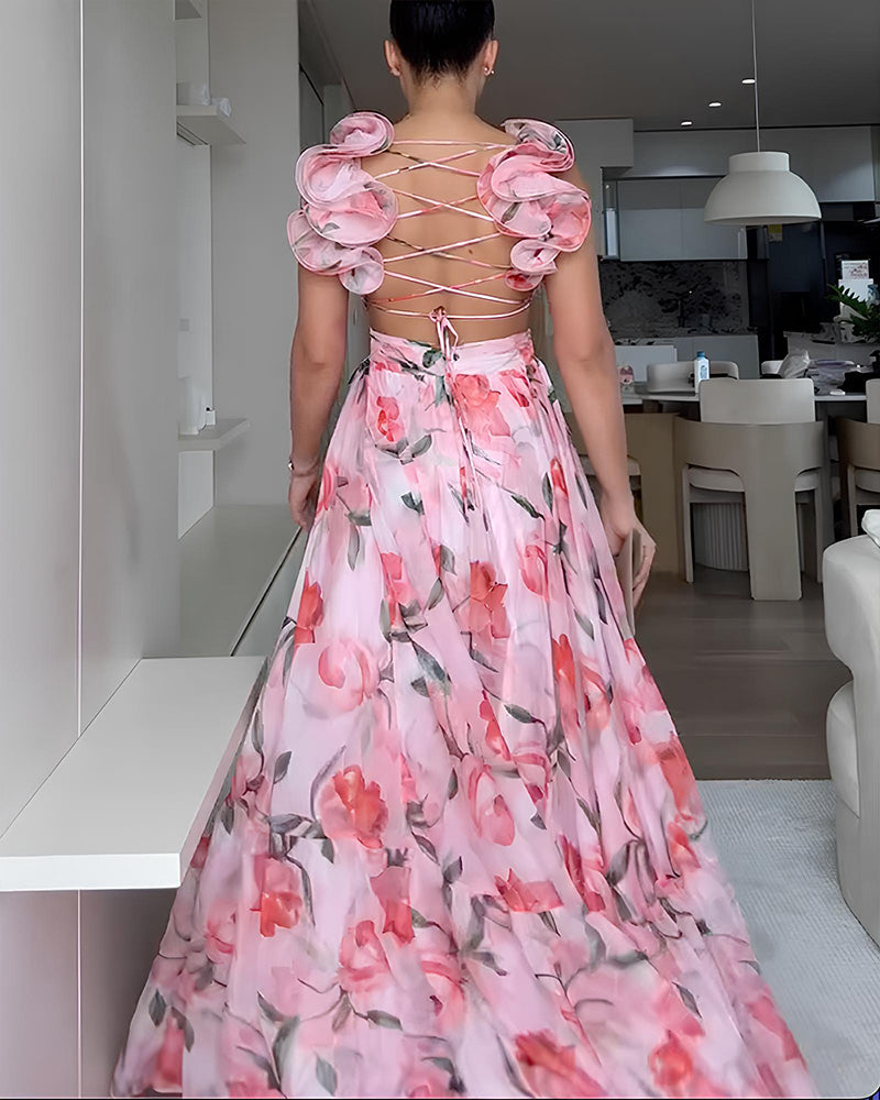 Holiday beach dress with ruffled straps at the back and V-neckline