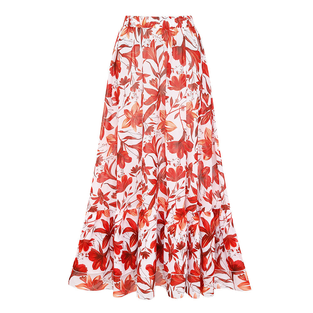 Traje de baño de una pieza con escote en V, cordones y falda estampada