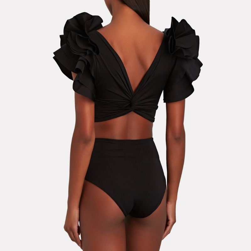 Bañador de bikini negro sólido con volantes