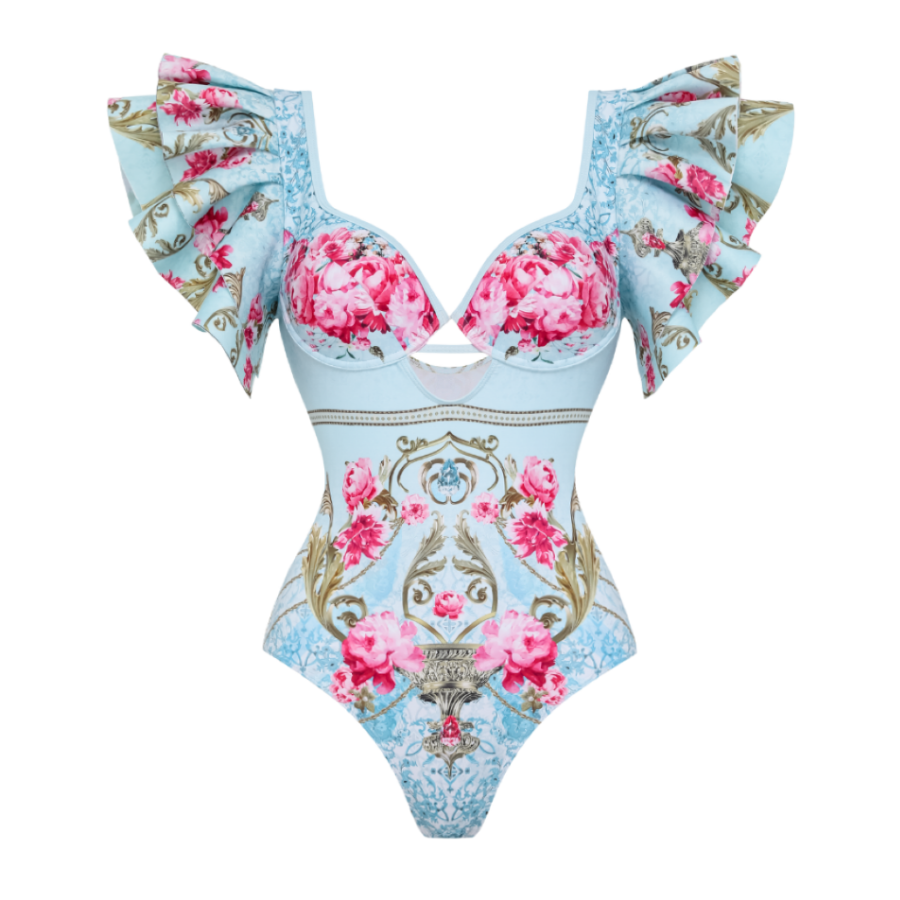 One-piece swimsuit with a curly blue floral print and skirt