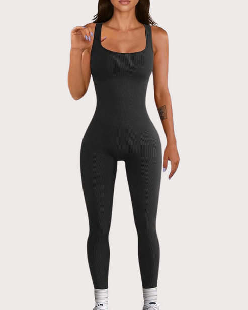 Sleeveless ribbed square neck workout jumpsuit