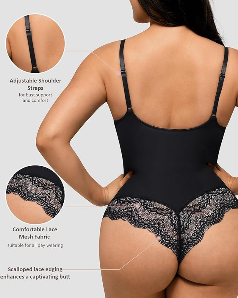 Body de control de abdomen con encaje y escote en V para mujer