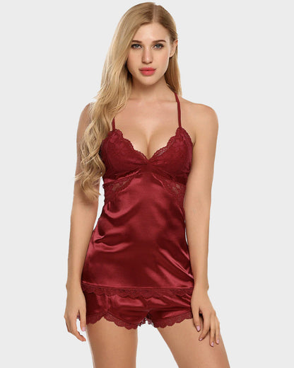 Conjunto de pijama de camisón de seda con espalda descubierta y pantalones cortos con borde de encaje