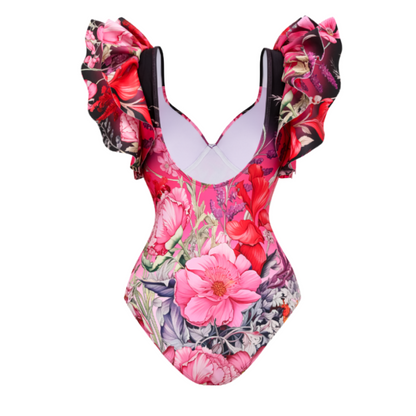Traje de baño de una pieza con estampado de flores rizadas y pareo