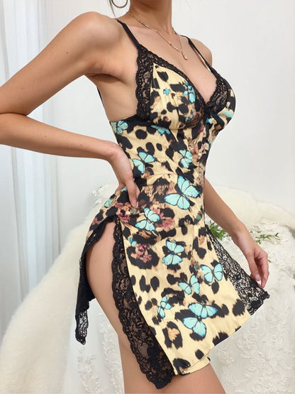 Vestido de dormir con decoración de lazo y abertura con encaje