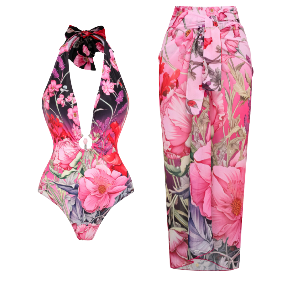 Traje de baño de una pieza con escote en V profundo y pareo estampado