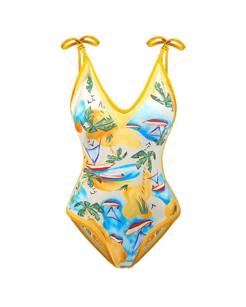 Reversible one-piece swimsuit with floral straps