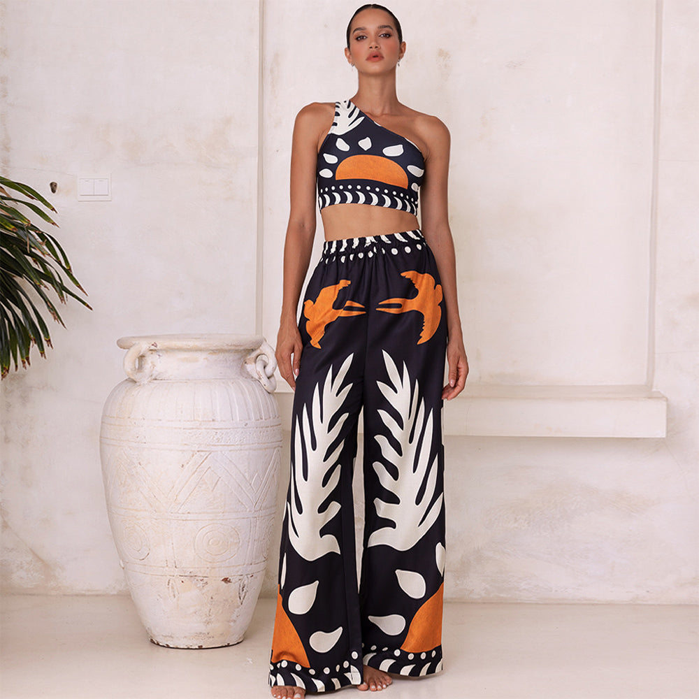 High-waisted one-sleeve swimsuit and pants or skirt