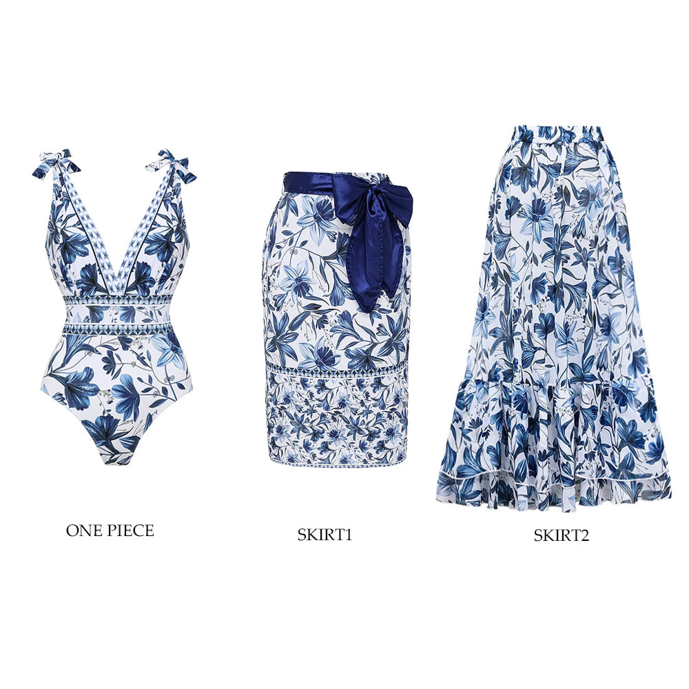 Traje de baño de una pieza con escote en V, cordones y falda estampada