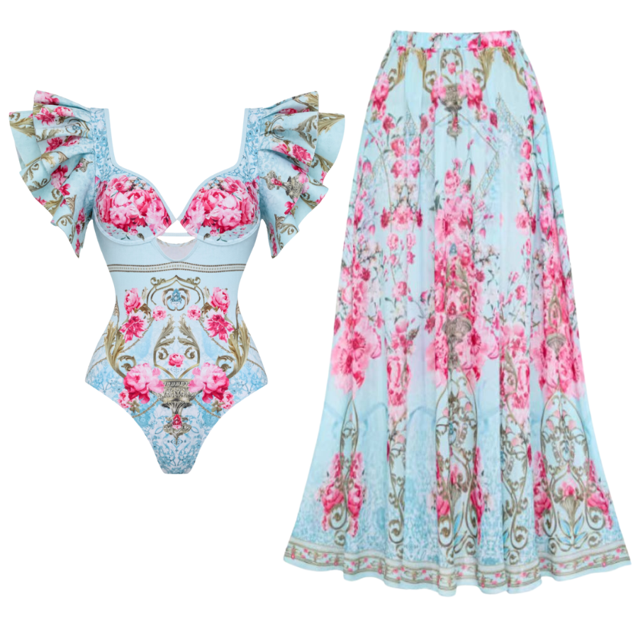 One-piece swimsuit with a curly blue floral print and skirt