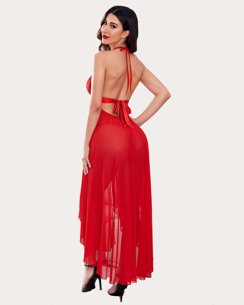 Vestido de malla de encaje con escote en V profundo