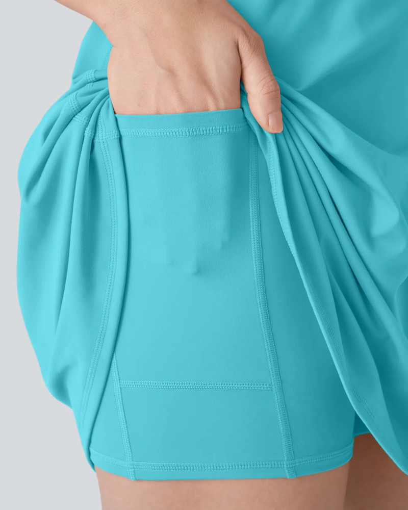 Vestido deportivo casual sin mangas de color sólido para mujer con pantalones cortos con bolsillo