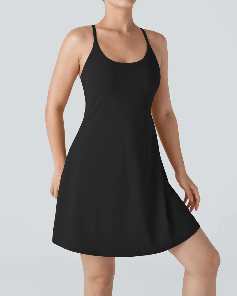 Vestido deportivo casual sin mangas de color sólido para mujer con pantalones cortos con bolsillo
