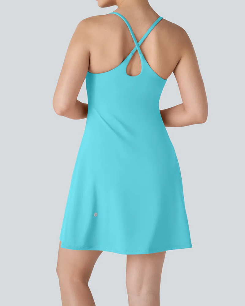 Vestido deportivo casual sin mangas de color sólido para mujer con pantalones cortos con bolsillo