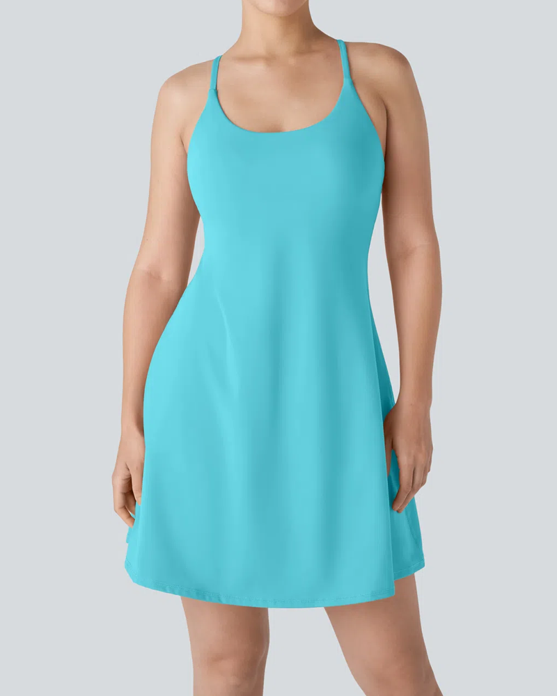 Vestido deportivo casual sin mangas de color sólido para mujer con pantalones cortos con bolsillo