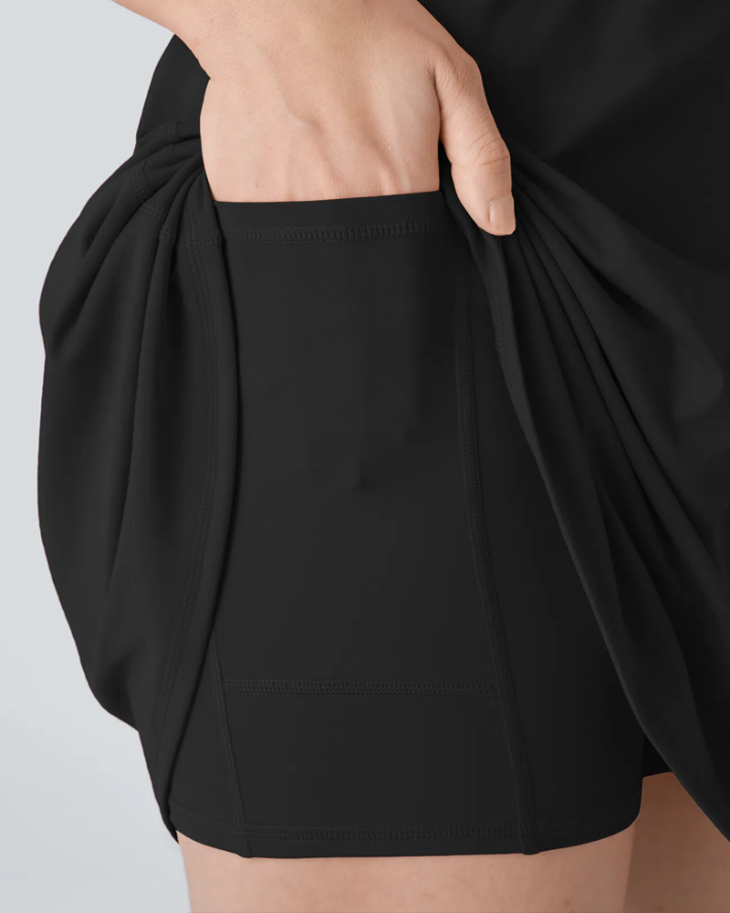 Vestido deportivo casual sin mangas de color sólido para mujer con pantalones cortos con bolsillo