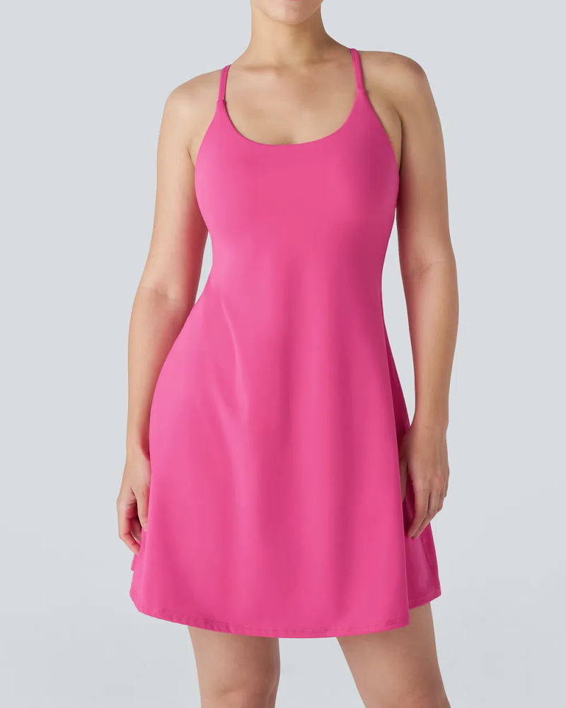 Vestido deportivo casual sin mangas de color sólido para mujer con pantalones cortos con bolsillo
