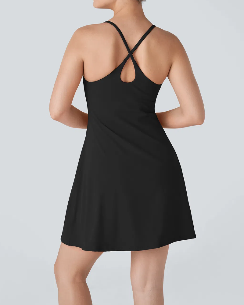 Vestido deportivo casual sin mangas de color sólido para mujer con pantalones cortos con bolsillo