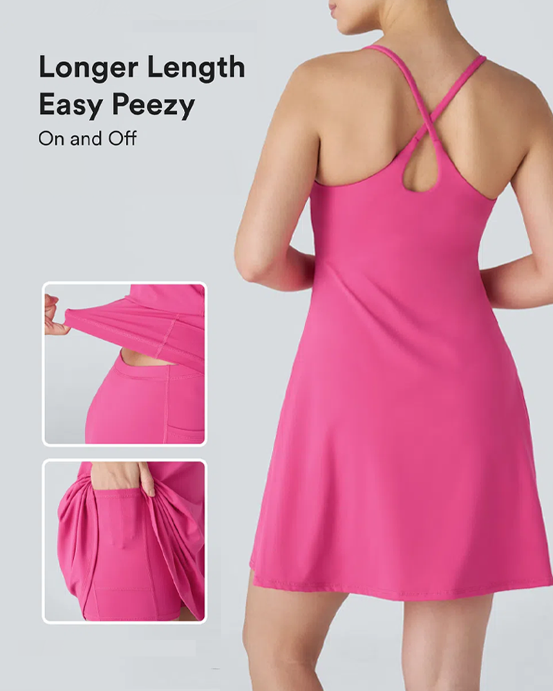 Vestido deportivo casual sin mangas de color sólido para mujer con pantalones cortos con bolsillo