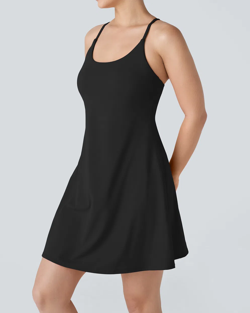 Vestido deportivo casual sin mangas de color sólido para mujer con pantalones cortos con bolsillo