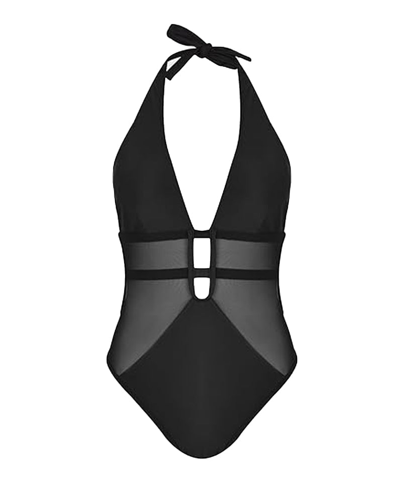 Traje de baño de una pieza para mujer, sexy, con escote en V profundo, espalda descubierta, con cordones y malla, ideal para vacaciones en la playa