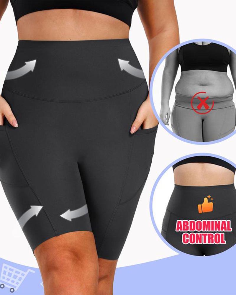 Women's High Waisted Yoga Shorts Tummy Control Casual Elastic Waistband Pockets Plus Size Sports Shorts