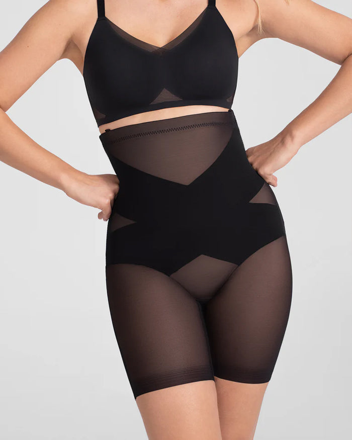 Shorts transpirables moldeadores de abdomen con malla de doble capa y cintura alta