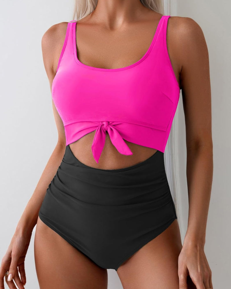 Traje de baño de una pieza para mujer con diseño calado, costuras en color contrastante y cordones