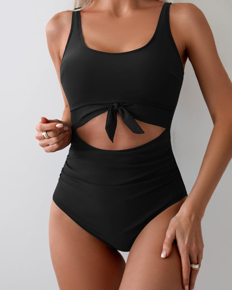 Traje de baño de una pieza para mujer con diseño calado, costuras en color contrastante y cordones
