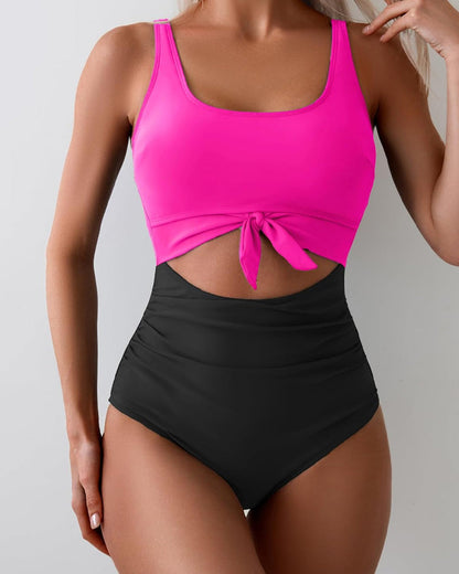 Traje de baño de una pieza para mujer con diseño calado, costuras en color contrastante y cordones