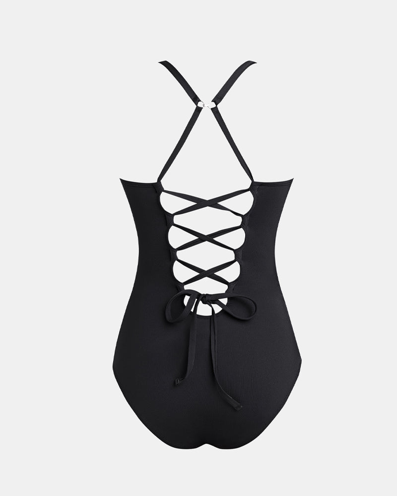Traje de baño de una pieza sexy con escote en V profundo, corte bajo, efecto adelgazante y moldeador, espalda con cordones, control de abdomen y tirantes ajustables