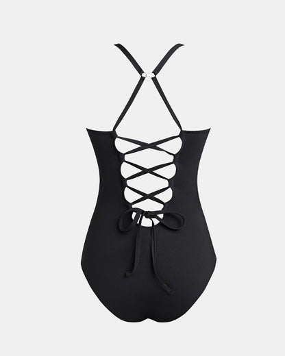 Traje de baño de una pieza sexy con escote en V profundo, corte bajo, efecto adelgazante y moldeador, espalda con cordones, control de abdomen y tirantes ajustables