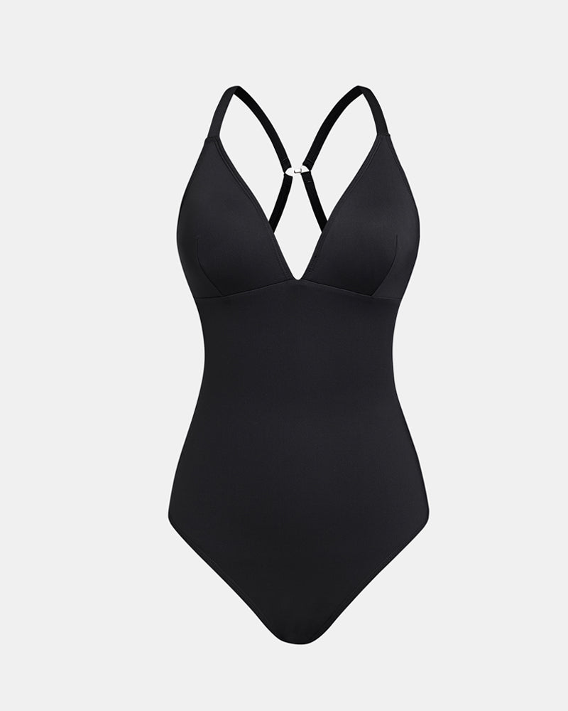 Sexy one-piece swimsuit with deep V-neck, low cut, slimming and shaping effect, lace-up back, tummy control and adjustable straps