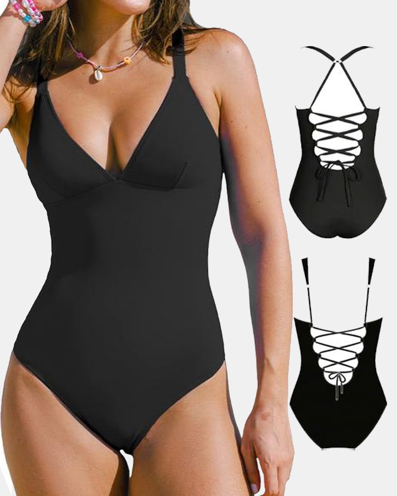 Traje de baño de una pieza sexy con escote en V profundo, corte bajo, efecto adelgazante y moldeador, espalda con cordones, control de abdomen y tirantes ajustables