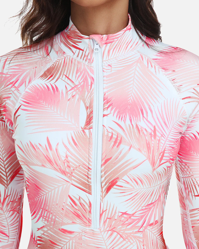 Traje de baño de una pieza con falda con volantes y manga larga, estampado de vacaciones en la playa, UPF50+