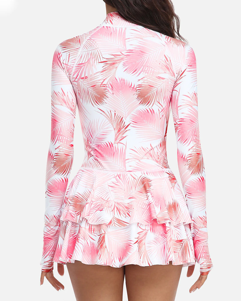 Traje de baño de una pieza con falda con volantes y manga larga, estampado de vacaciones en la playa, UPF50+