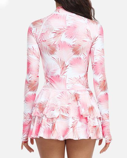 Traje de baño de una pieza con falda con volantes y manga larga, estampado de vacaciones en la playa, UPF50+