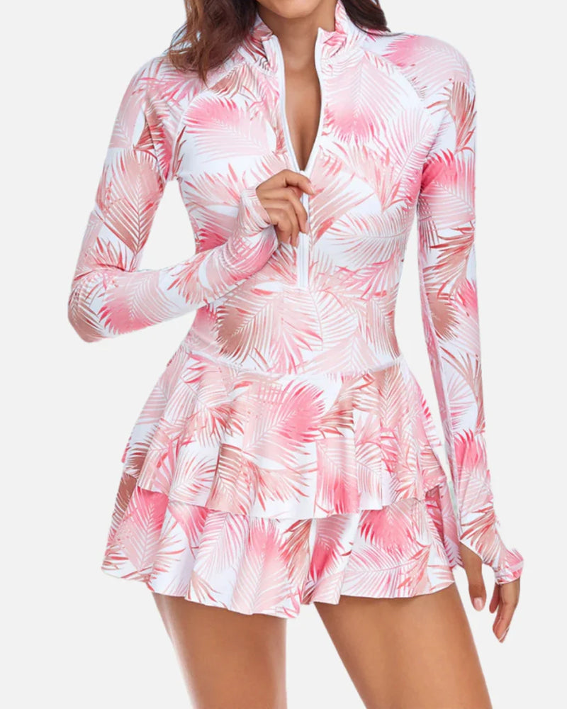 Traje de baño de una pieza con falda con volantes y manga larga, estampado de vacaciones en la playa, UPF50+