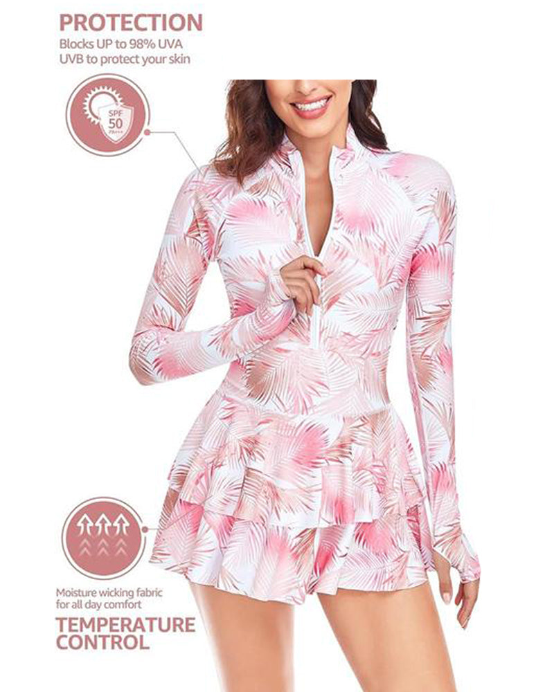 Traje de baño de una pieza con falda con volantes y manga larga, estampado de vacaciones en la playa, UPF50+