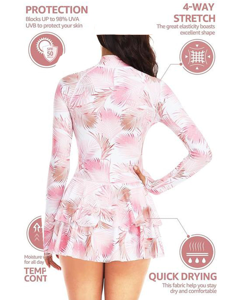 Traje de baño de una pieza con falda con volantes y manga larga, estampado de vacaciones en la playa, UPF50+